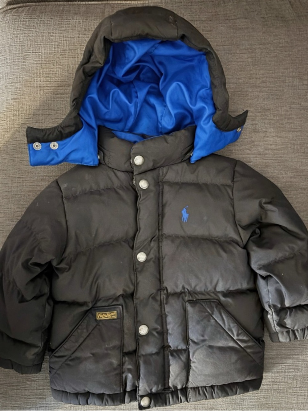 Ralph Lauren Polo Black Puffer Jacket with Blue Lining 2t